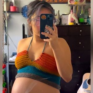 Multicolored crocheted halter crop top with adjustable ties